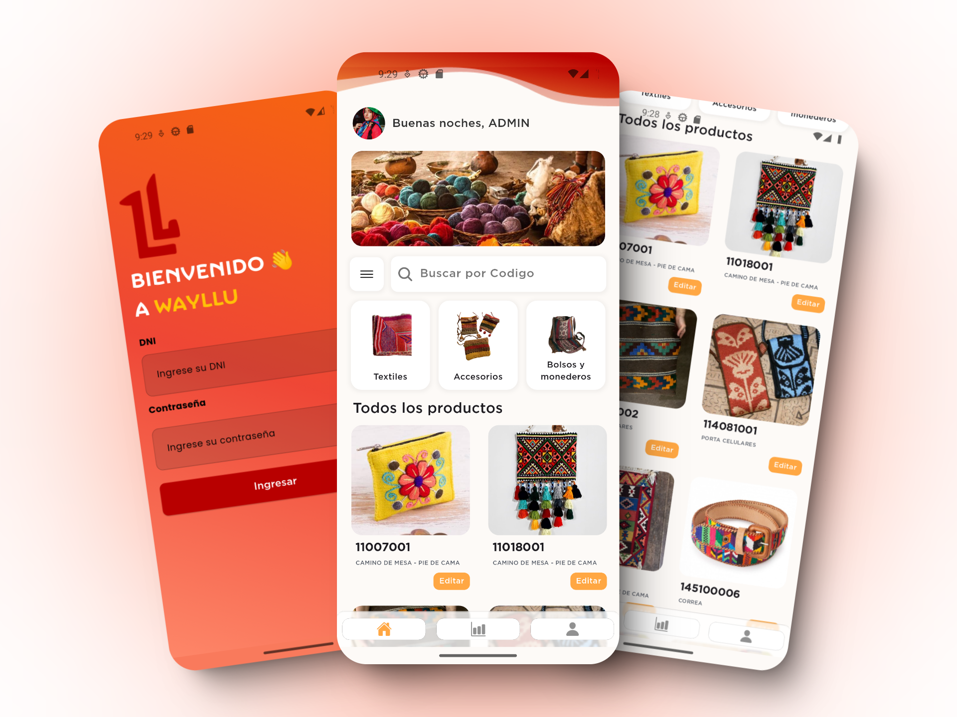 Imagenes de un diseño movil para la aplicación Wayllu
